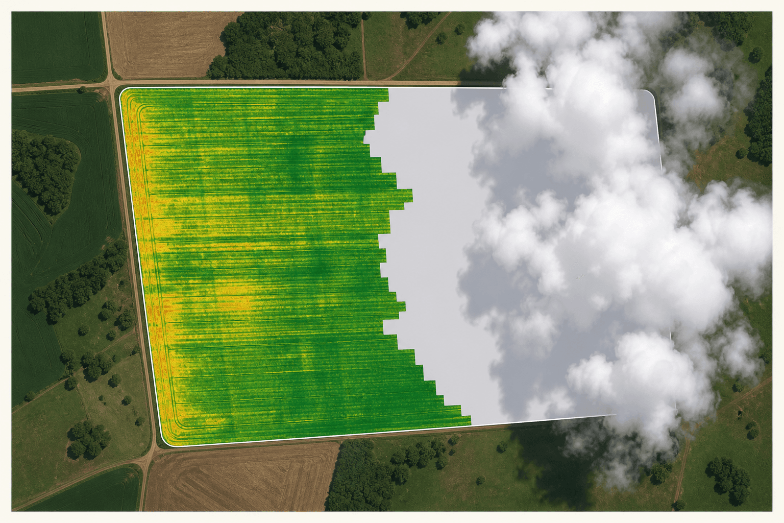 Talhão agrícola visto de satélite com nuvens cobrindo parte da área — pixels nublados aparecem em tom neutro cinza e o restante mostra mapa NDVI verde e amarelo