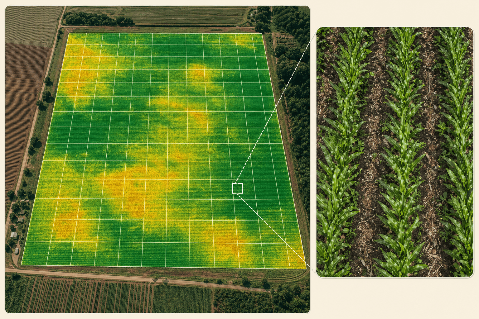 Comparação visual de escala: visão de satélite de talhão inteiro com grade de 10 metros versus detalhe de drone em poucas linhas de cultura