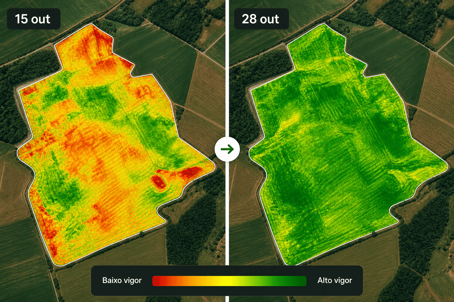 Comparação de vigor vegetal em talhão agrícola: manchas vermelhas indicam baixo vigor em 15 de outubro e recuperação verde em 28 de outubro